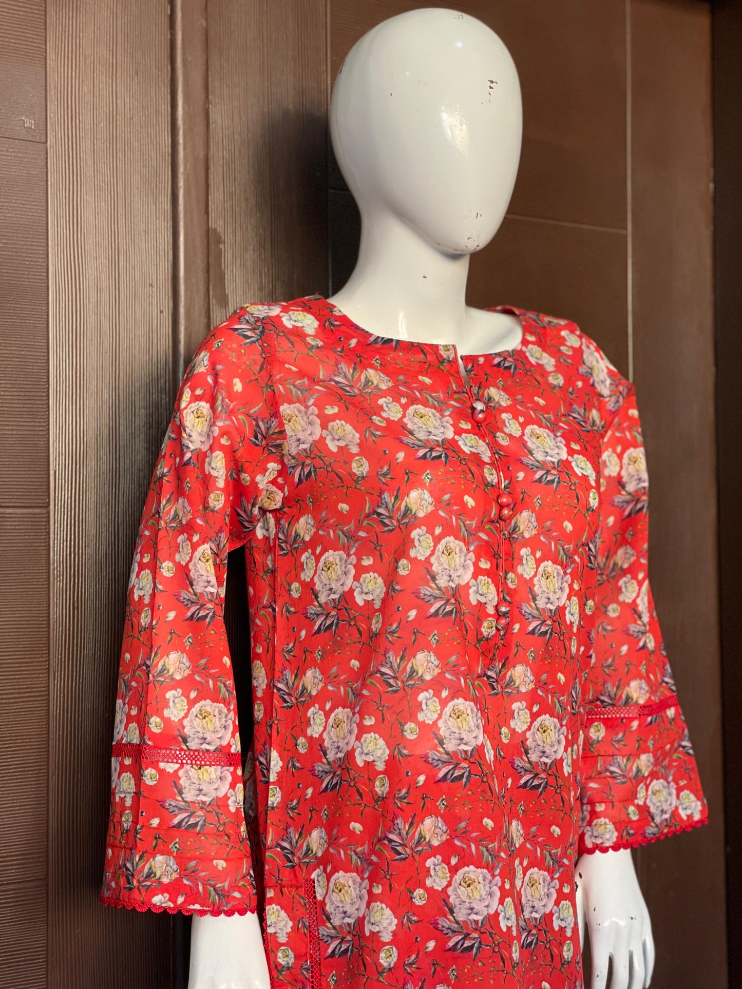 Red Floral Long Shirt- Two-piece Lawn Collection