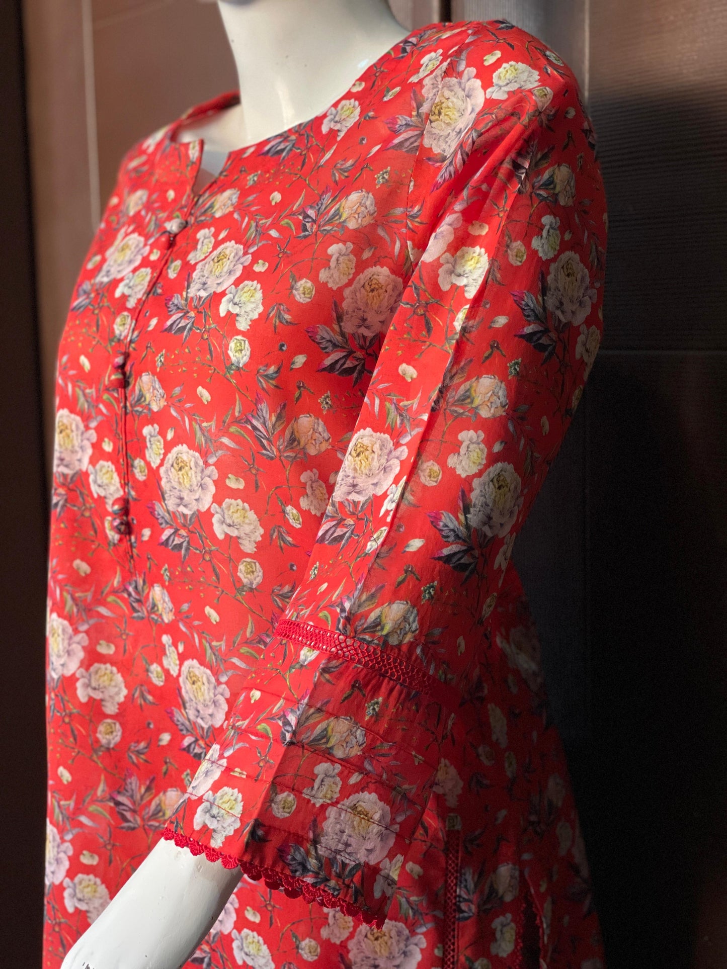 Red Floral Long Shirt- Two-piece Lawn Collection