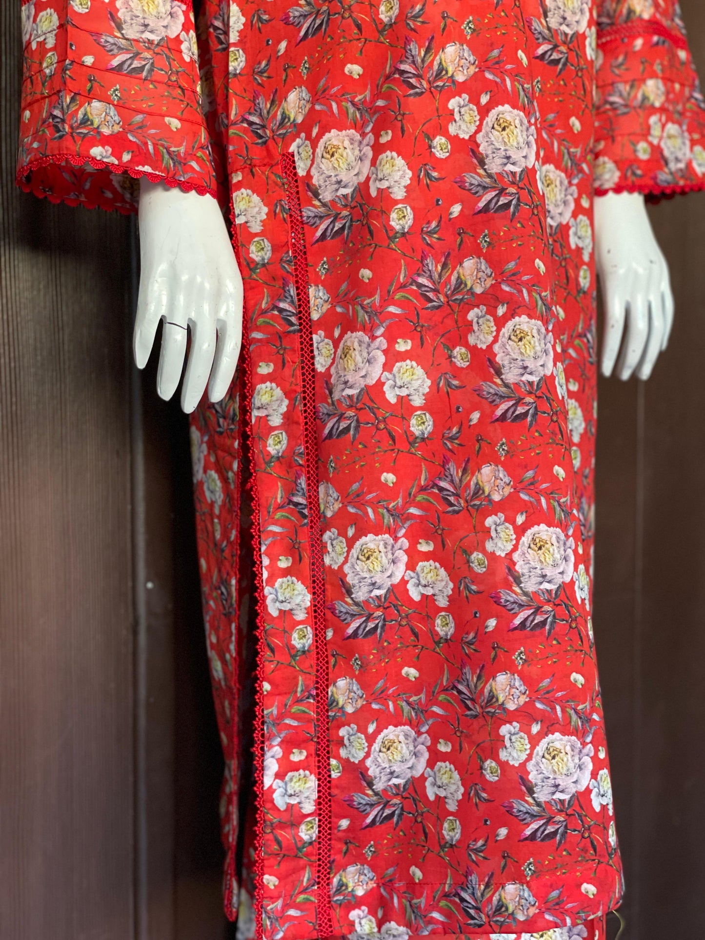 Red Floral Long Shirt- Two-piece Lawn Collection