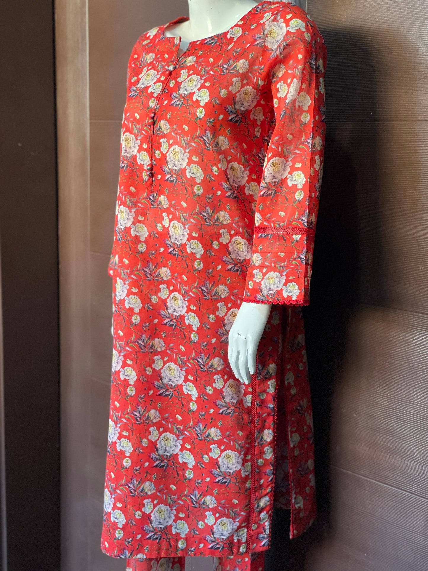 Red Floral Long Shirt- Two-piece Lawn Collection