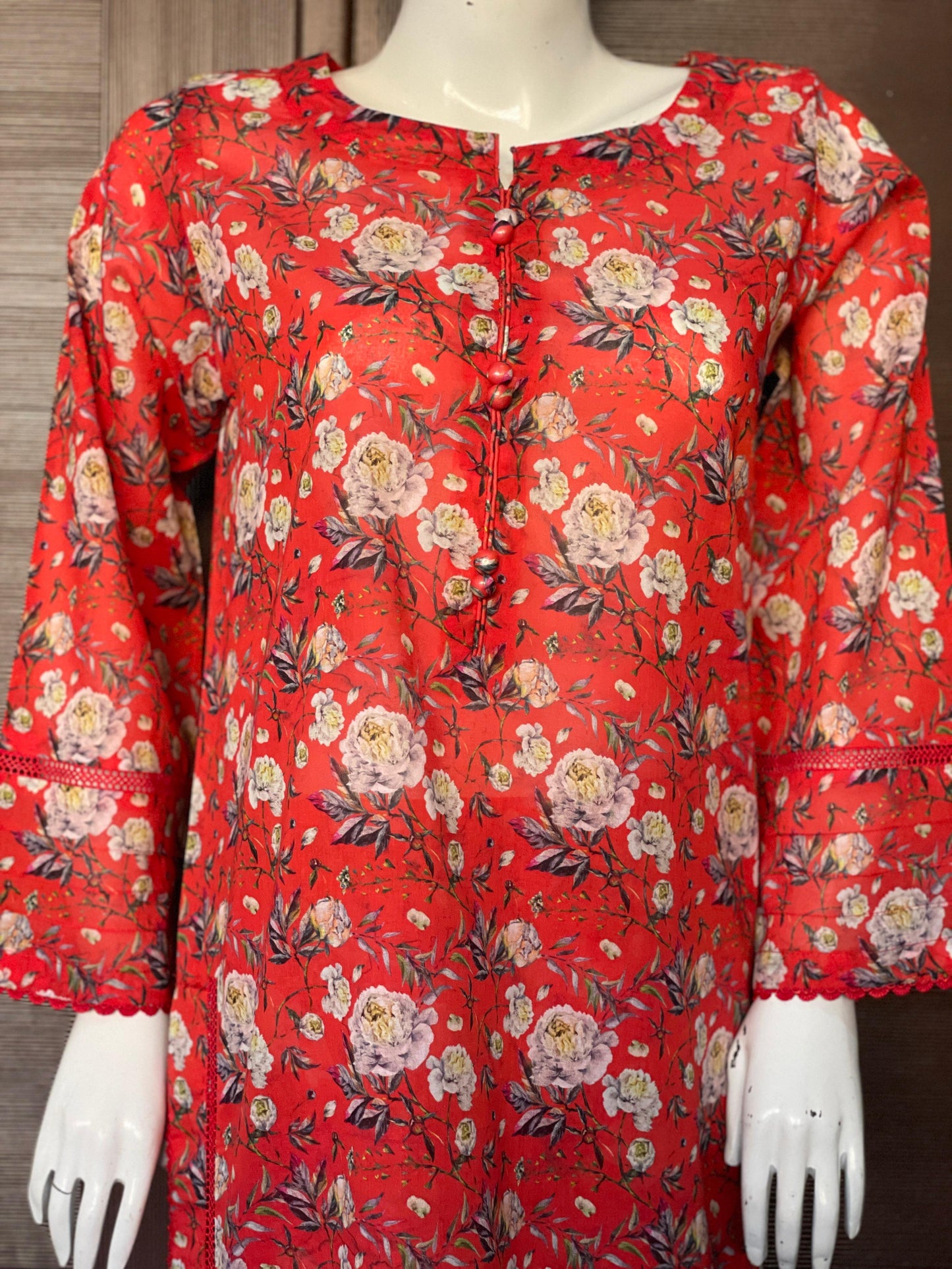 Red Floral Long Shirt- Two-piece Lawn Collection