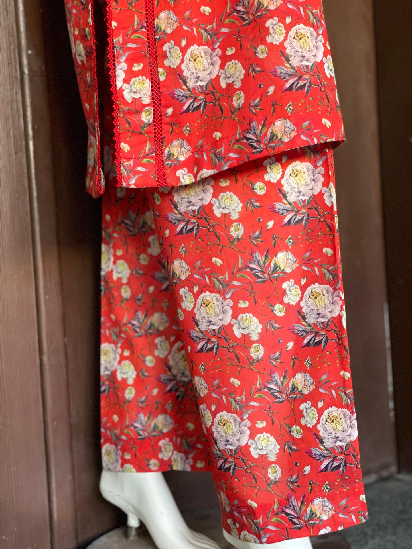 Red Floral Long Shirt- Two-piece Lawn Collection