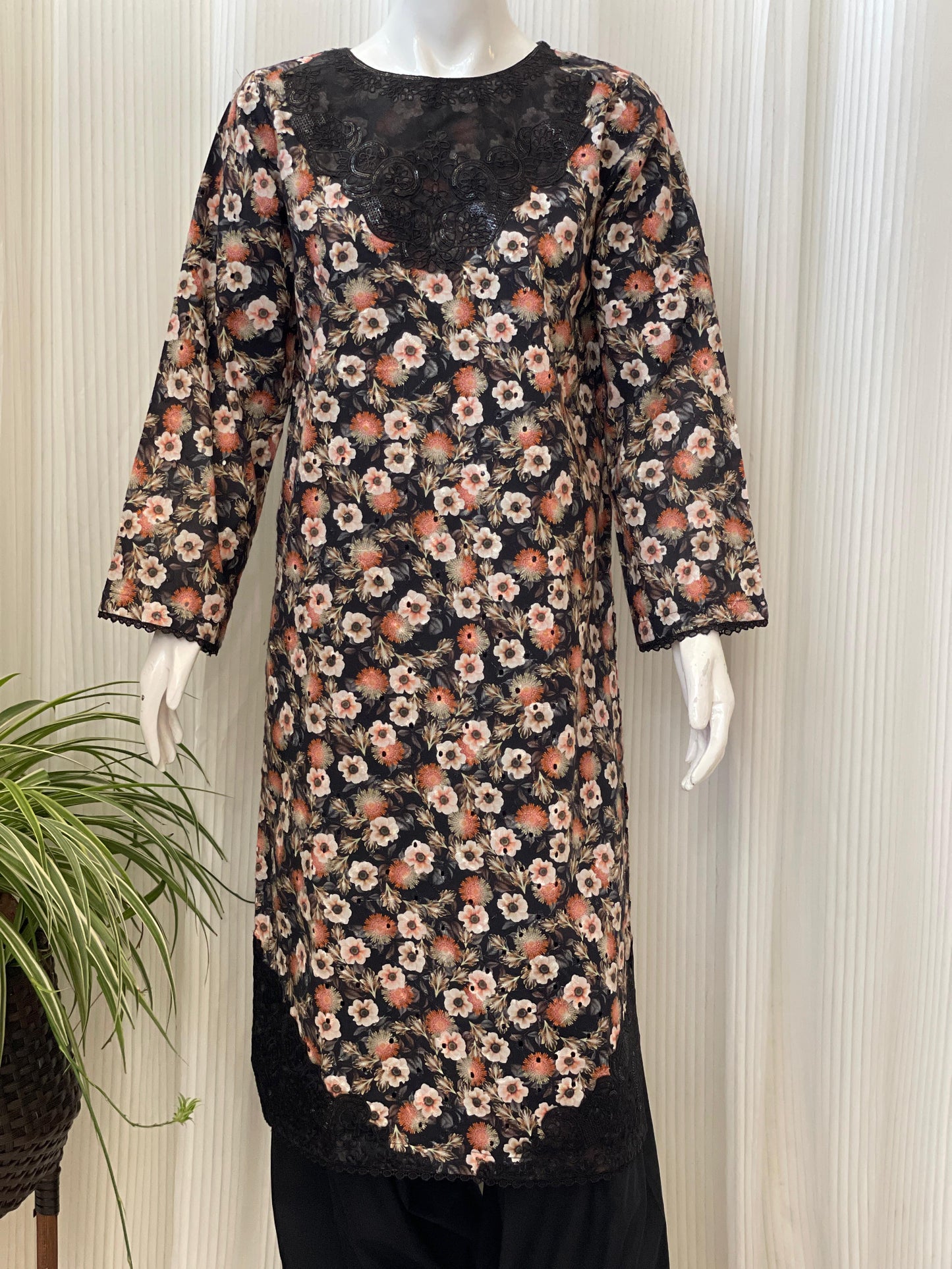 Black Chikankari Floral 2-Piece Suit