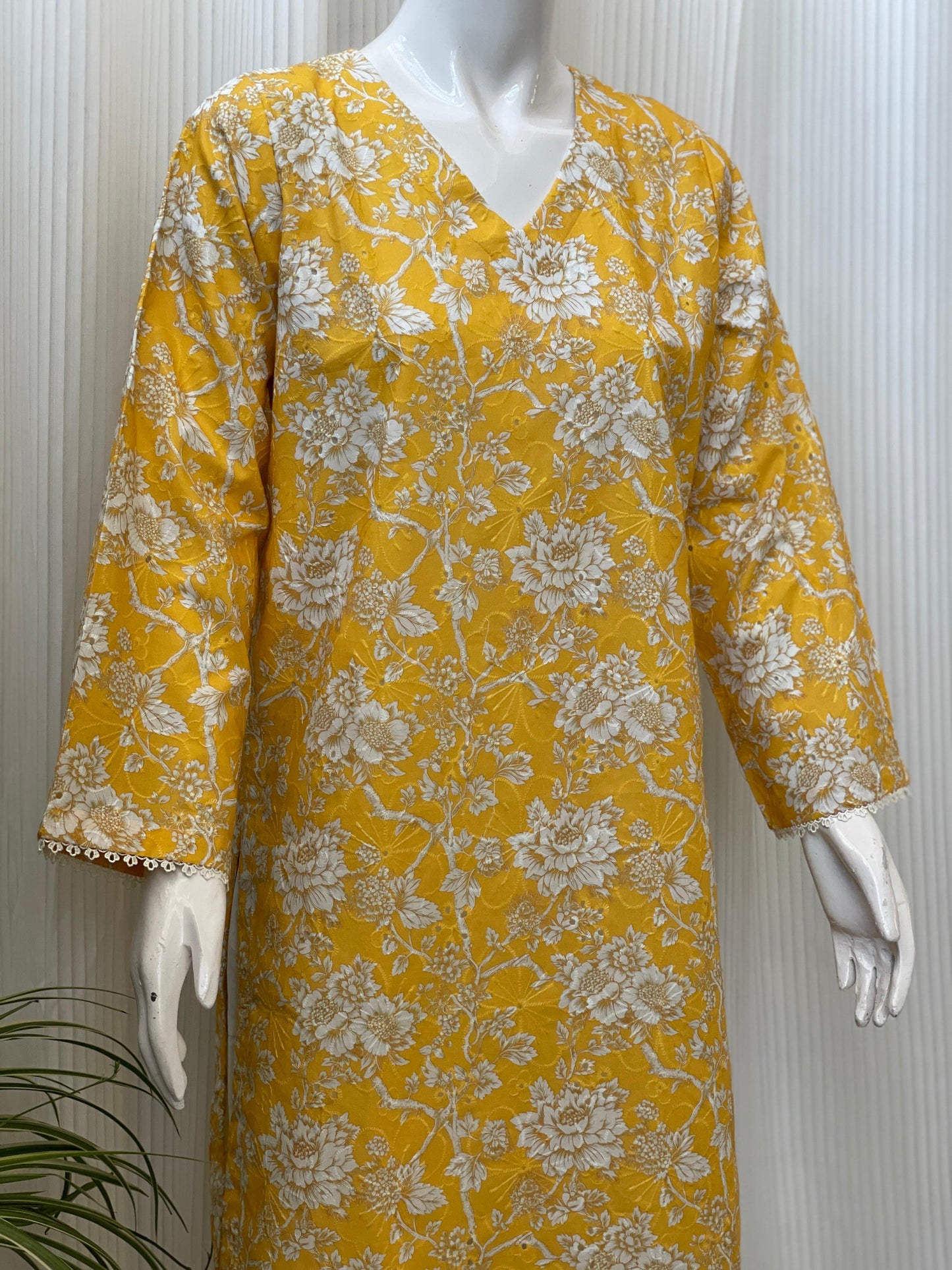 Yellow Chikankari Floral 2-Piece Suit with Farshi Shalwar