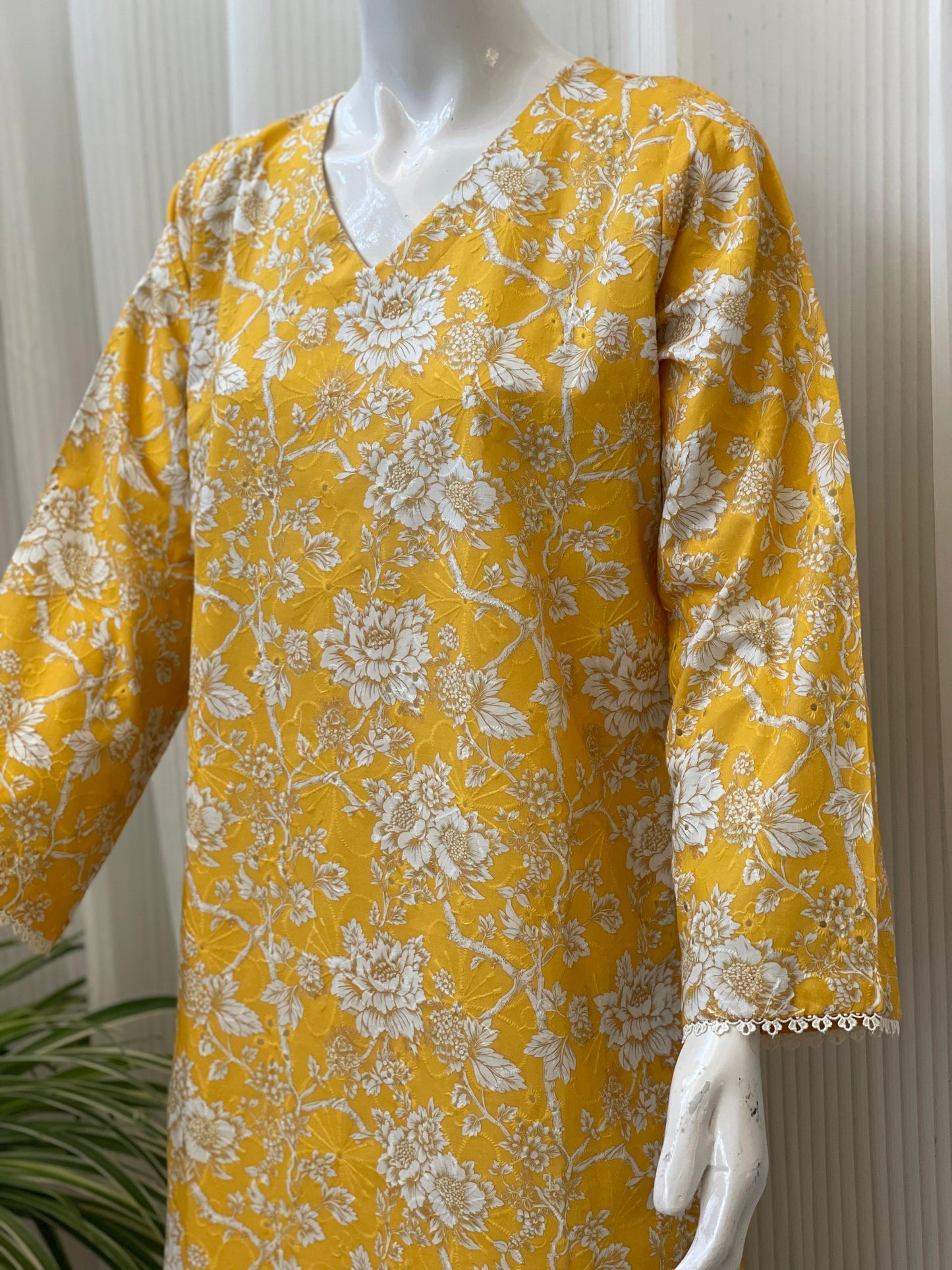 Yellow Chikankari Floral 2-Piece Suit with Farshi Shalwar
