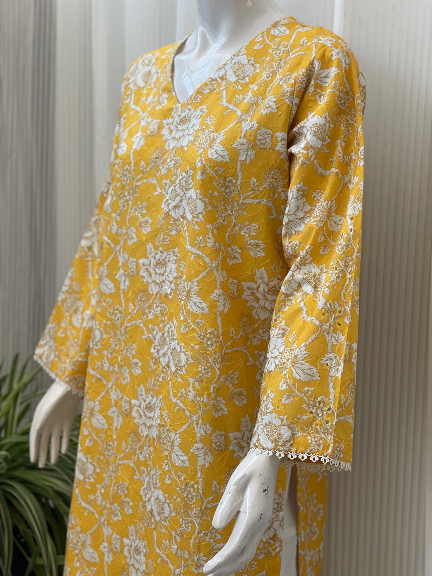 Yellow Chikankari Floral 2-Piece Suit with Farshi Shalwar