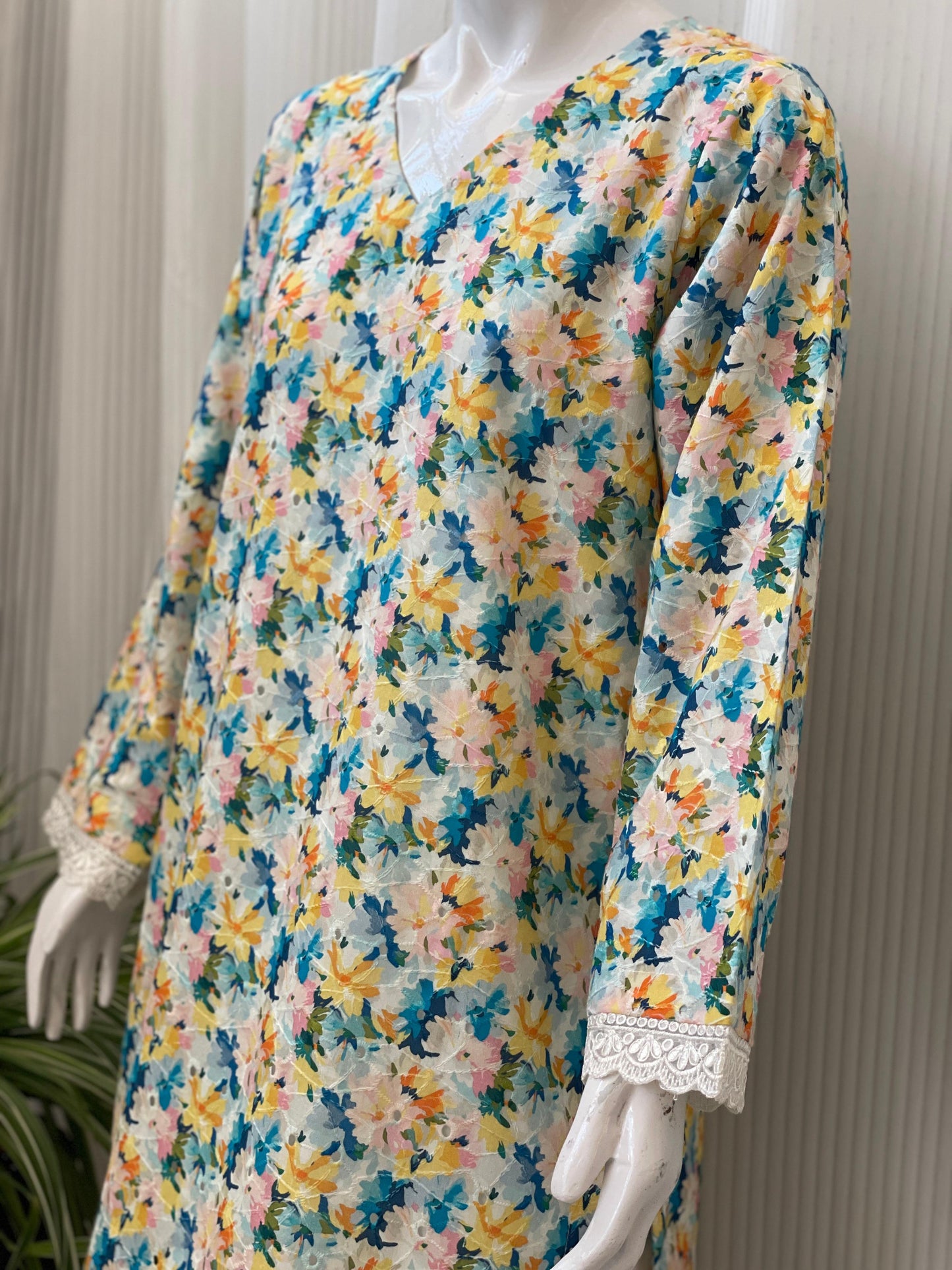 Multicolor Chikankari Floral 2-Piece Suit with Farshi Shalwar