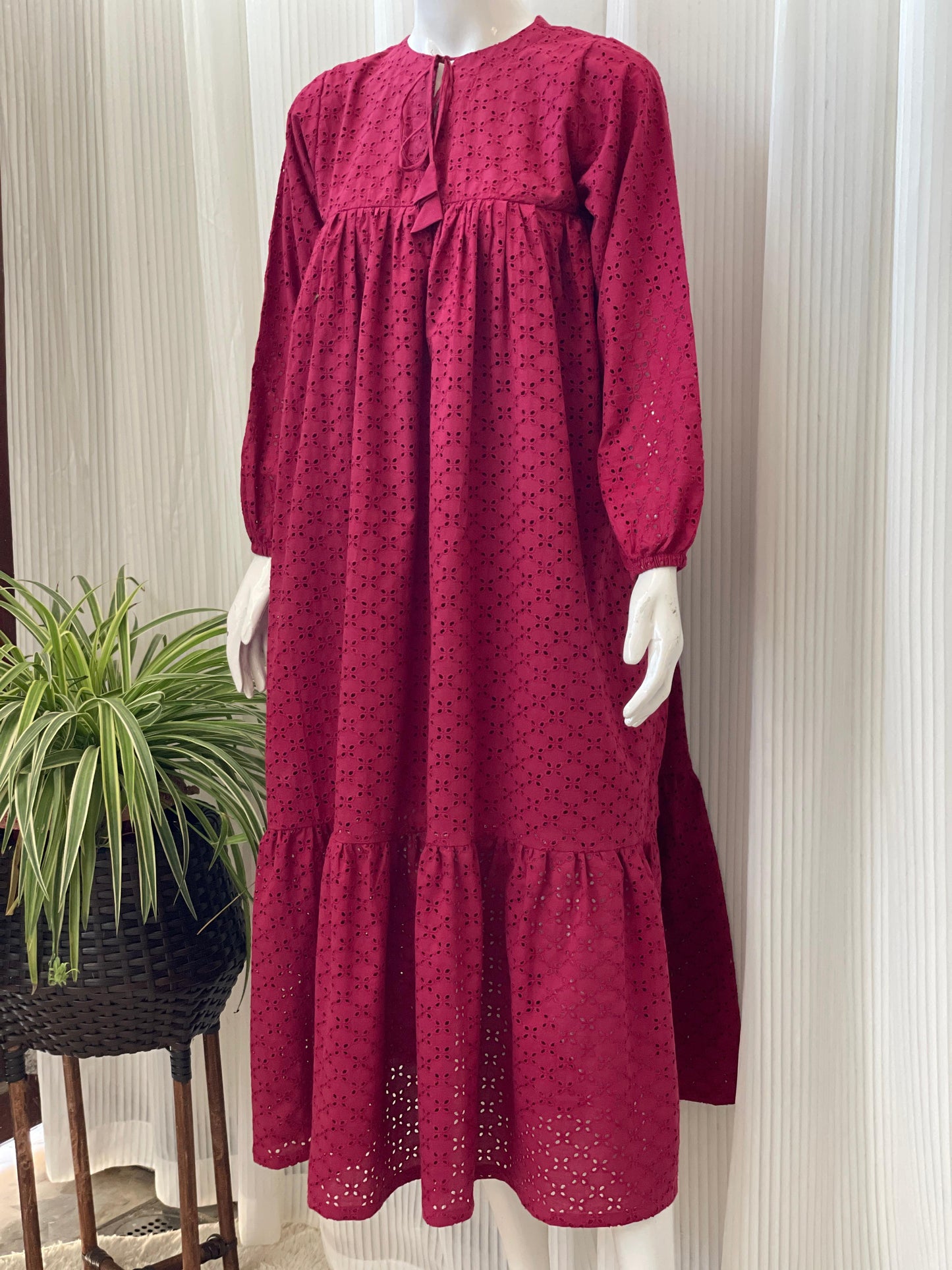 Maroon Chikankari 2-Tier Long Maxi Dress for Women