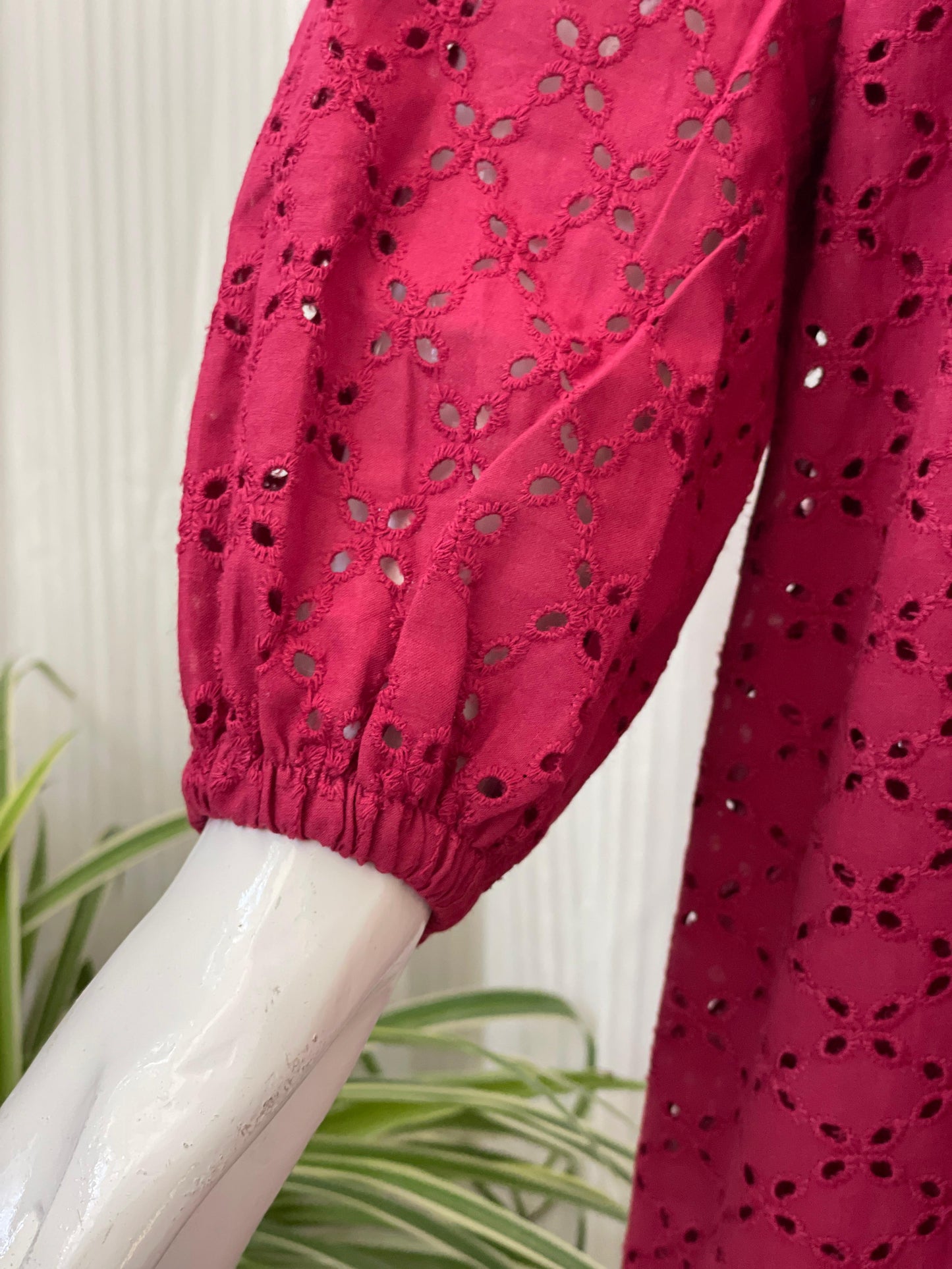 Maroon Chikankari 2-Tier Long Maxi Dress for Women