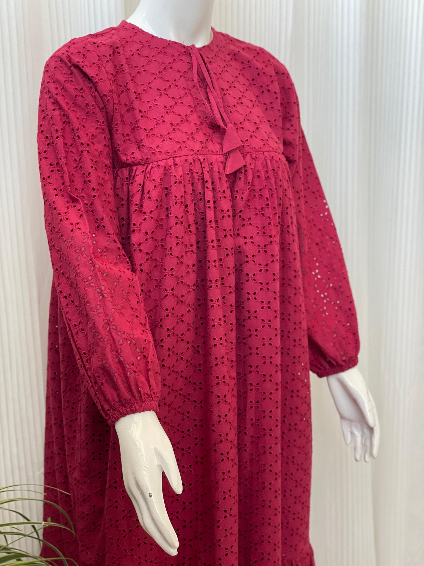 Maroon Chikankari 2-Tier Long Maxi Dress for Women