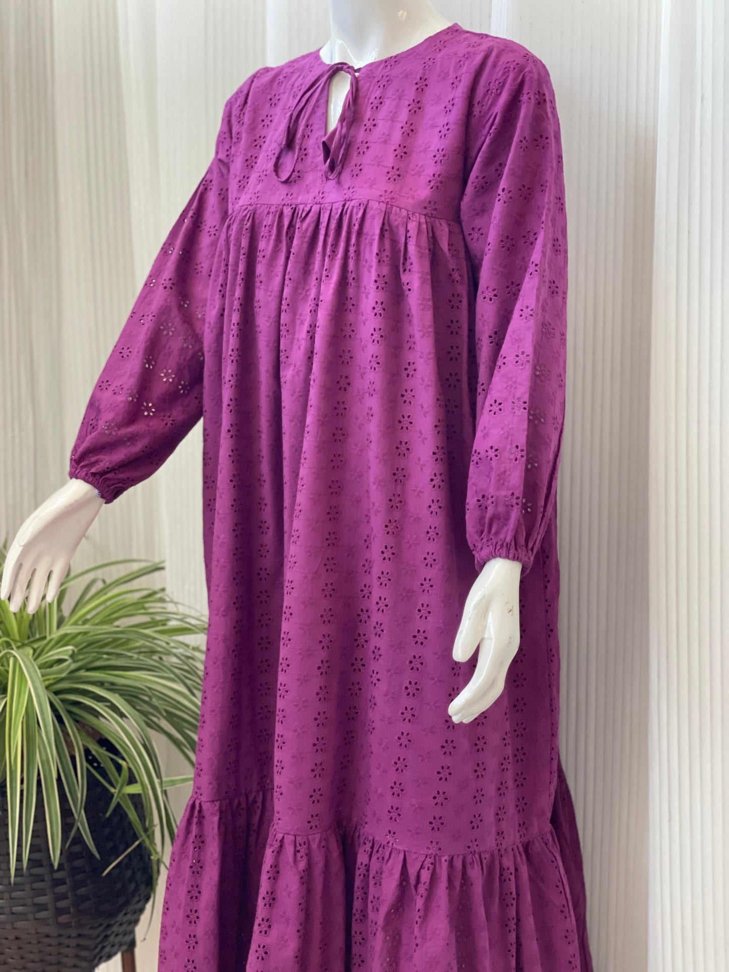 Purple Chikankari 2-Tier Long Maxi Dress for Women