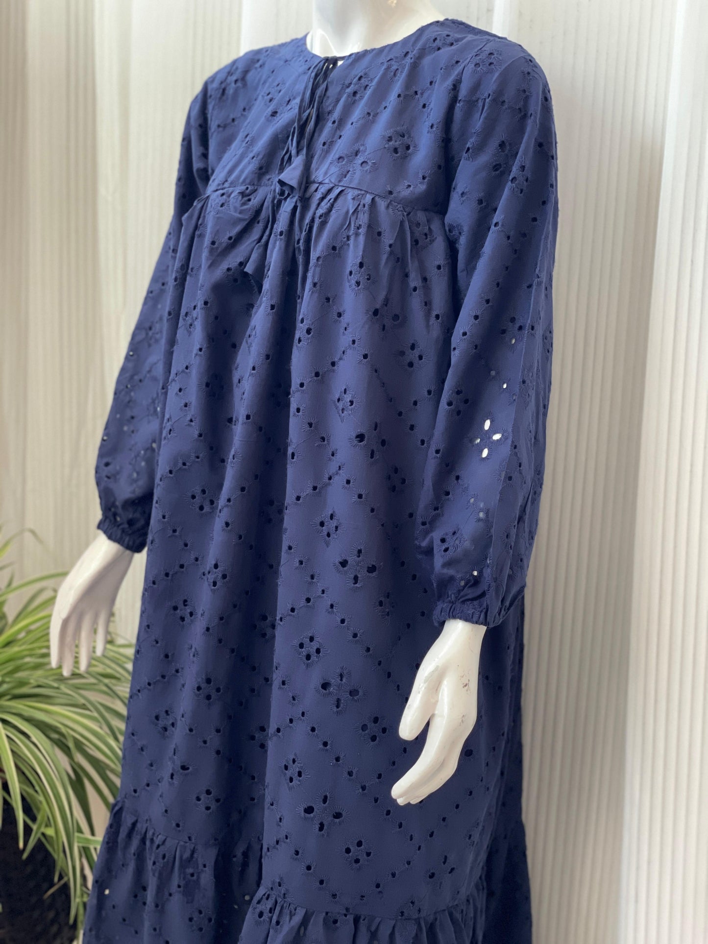 Navy Blue Chikankari 2-Tier Long Maxi Dress for Women
