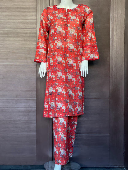 Red Floral Long Shirt- Two-piece Lawn Collection