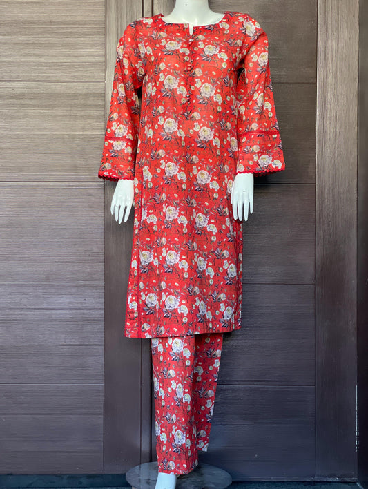 Red Floral Long Shirt- Two-piece Lawn Collection