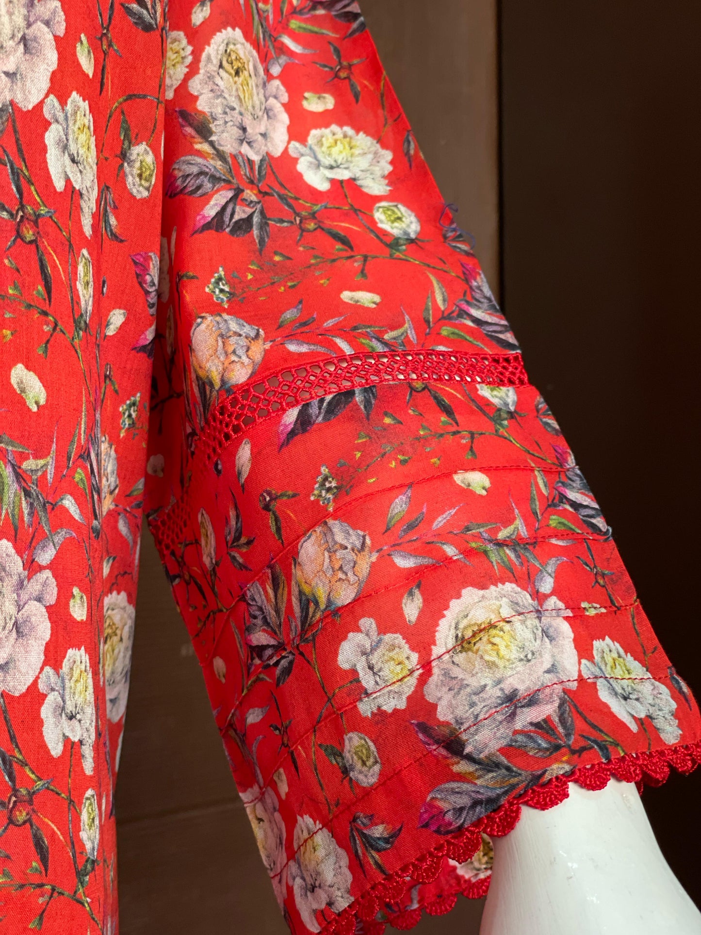 Red Floral Long Shirt- Two-piece Lawn Collection