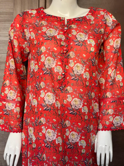Red Floral Long Shirt- Two-piece Lawn Collection