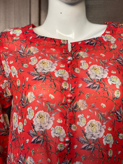 Red Floral Long Shirt- Two-piece Lawn Collection