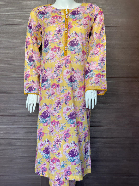 Yellow Floral Long Shirt- Two-piece Lawn Collection