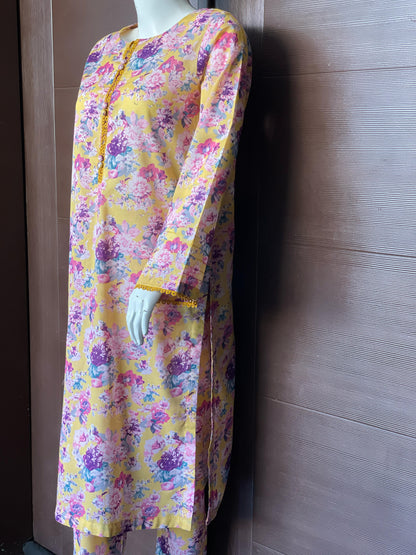 Yellow Floral Long Shirt- Two-piece Lawn Collection