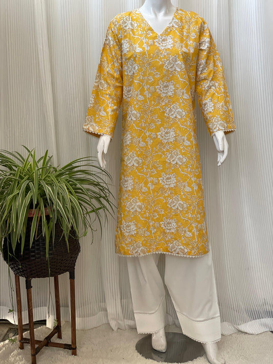 Yellow Chikankari Floral 2-Piece Suit with Farshi Shalwar