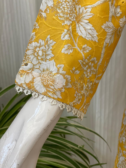 Yellow Chikankari Floral 2-Piece Suit with Farshi Shalwar