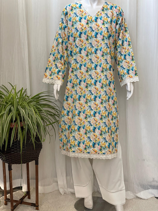 Multicolor Chikankari Floral 2-Piece Suit with Farshi Shalwar