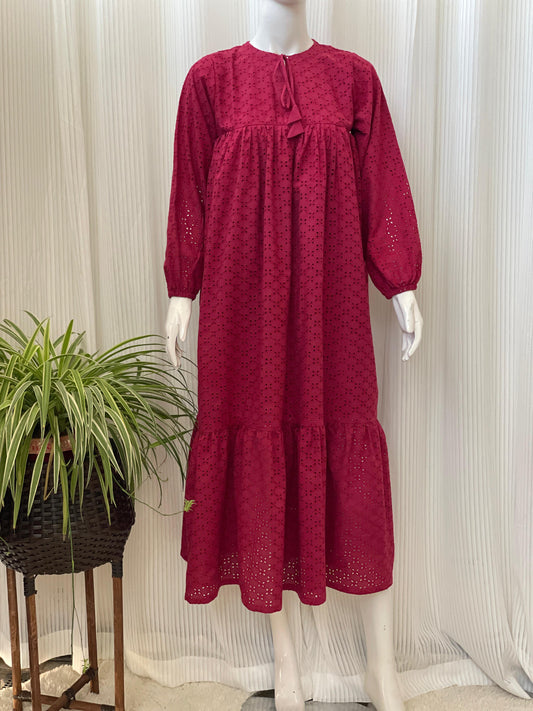 Maroon Chikankari 2-Tier Long Maxi Dress for Women