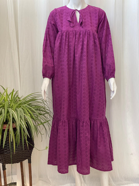 Purple Chikankari 2-Tier Long Maxi Dress for Women