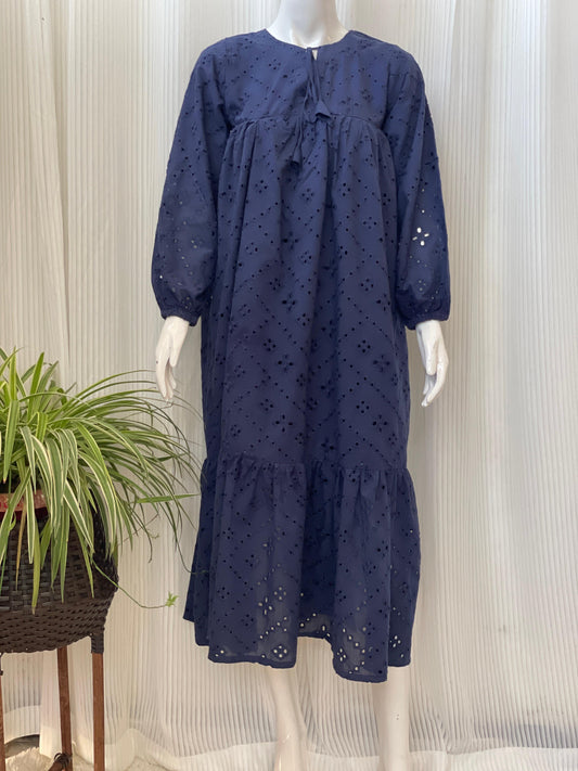 Navy Blue Chikankari 2-Tier Long Maxi Dress for Women