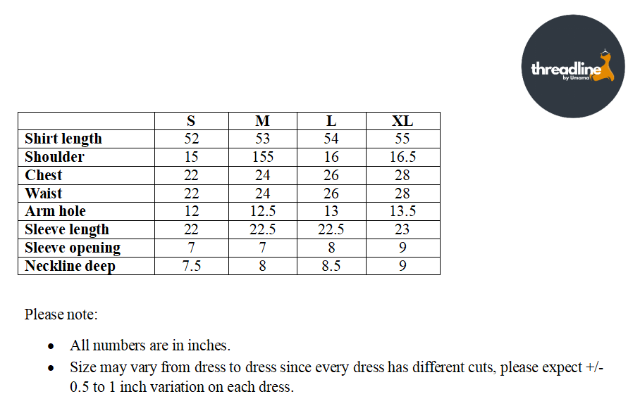 Size chart for Lilac Mist- 1pc