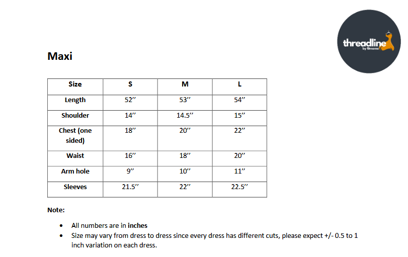Size chart for 1pc- 2-Tier Maxi